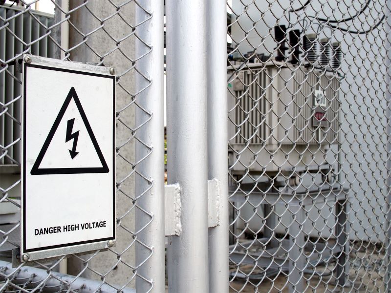 risco de choque elétrico​: placa de alta voltagem em alambrado de transformadores